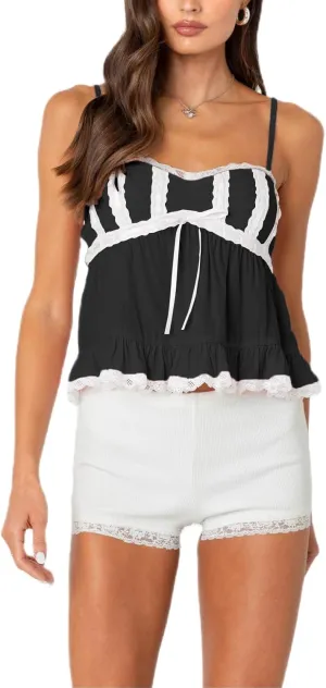 Women Y2k Babydoll Tank Top Spaghetti Strap Lace Trim Cami Peplum Top Flowy Sleeveless Shirts Camisole