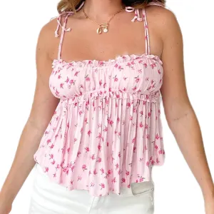 Women Y2k Cami Tank Top Spaghetti Strap Floral Print Ruffle Hem Camisole Flowy Summer Going Out Top