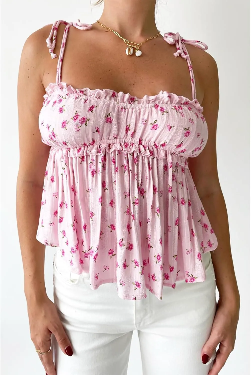 Women Y2k Cami Tank Top Spaghetti Strap Floral Print Ruffle Hem Camisole Flowy Summer Going Out Top
