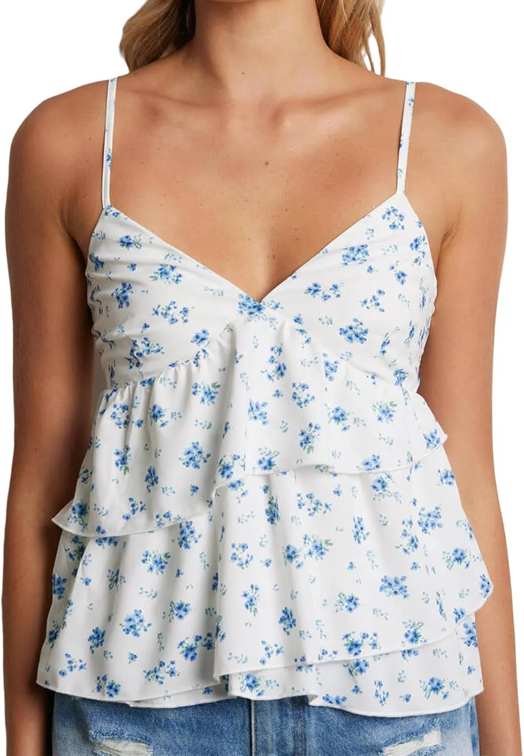 Women Y2k Cami Tank Top Spaghetti Strap Floral Print Ruffle Hem Camisole Flowy Summer Going Out Top