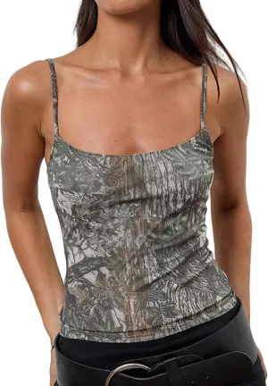 Women Y2k Camo Cami Top Spaghetti Strap Maple Print Crop Tank Top Vintage Camouflage Summer Camisole