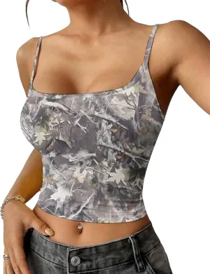 Women Y2k Camo Cami Top Spaghetti Strap Maple Print Crop Tank Top Vintage Camouflage Summer Camisole