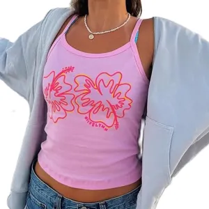 Women Y2K Cute Graphic Cami Top Floral Print Sleeveless Scoop Neck Tank Top Summer Going Out Camisole