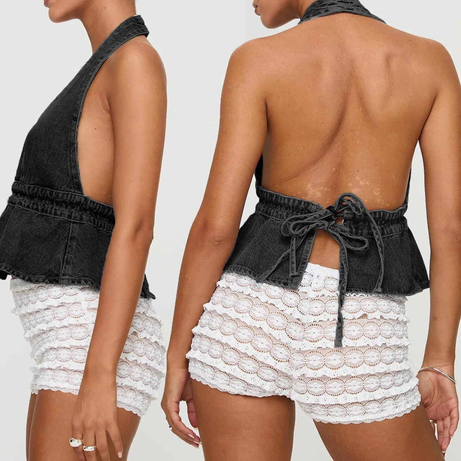 Women Y2k Denim Vest Sexy Deep V Neck Tie Up Front Sleeveless Halter Tank Top Low Cut Tight Fit Cropped Vest
