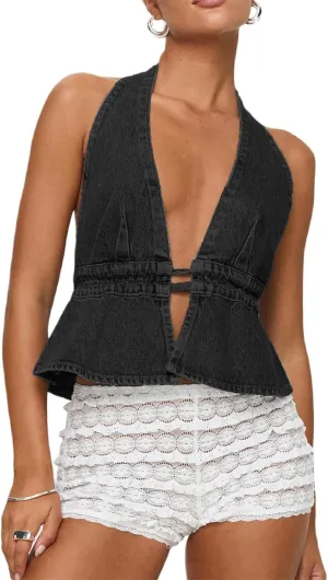 Women Y2k Denim Vest Sexy Deep V Neck Tie Up Front Sleeveless Halter Tank Top Low Cut Tight Fit Cropped Vest