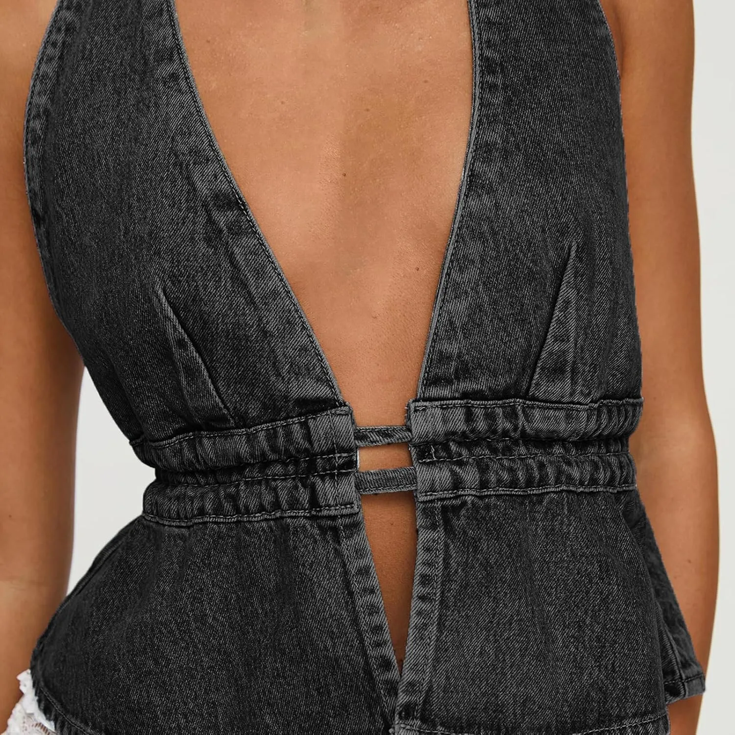 Women Y2k Denim Vest Sexy Deep V Neck Tie Up Front Sleeveless Halter Tank Top Low Cut Tight Fit Cropped Vest