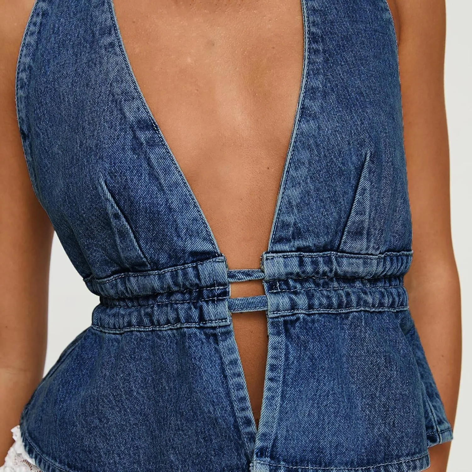 Women Y2k Denim Vest Sexy Deep V Neck Tie Up Front Sleeveless Halter Tank Top Low Cut Tight Fit Cropped Vest