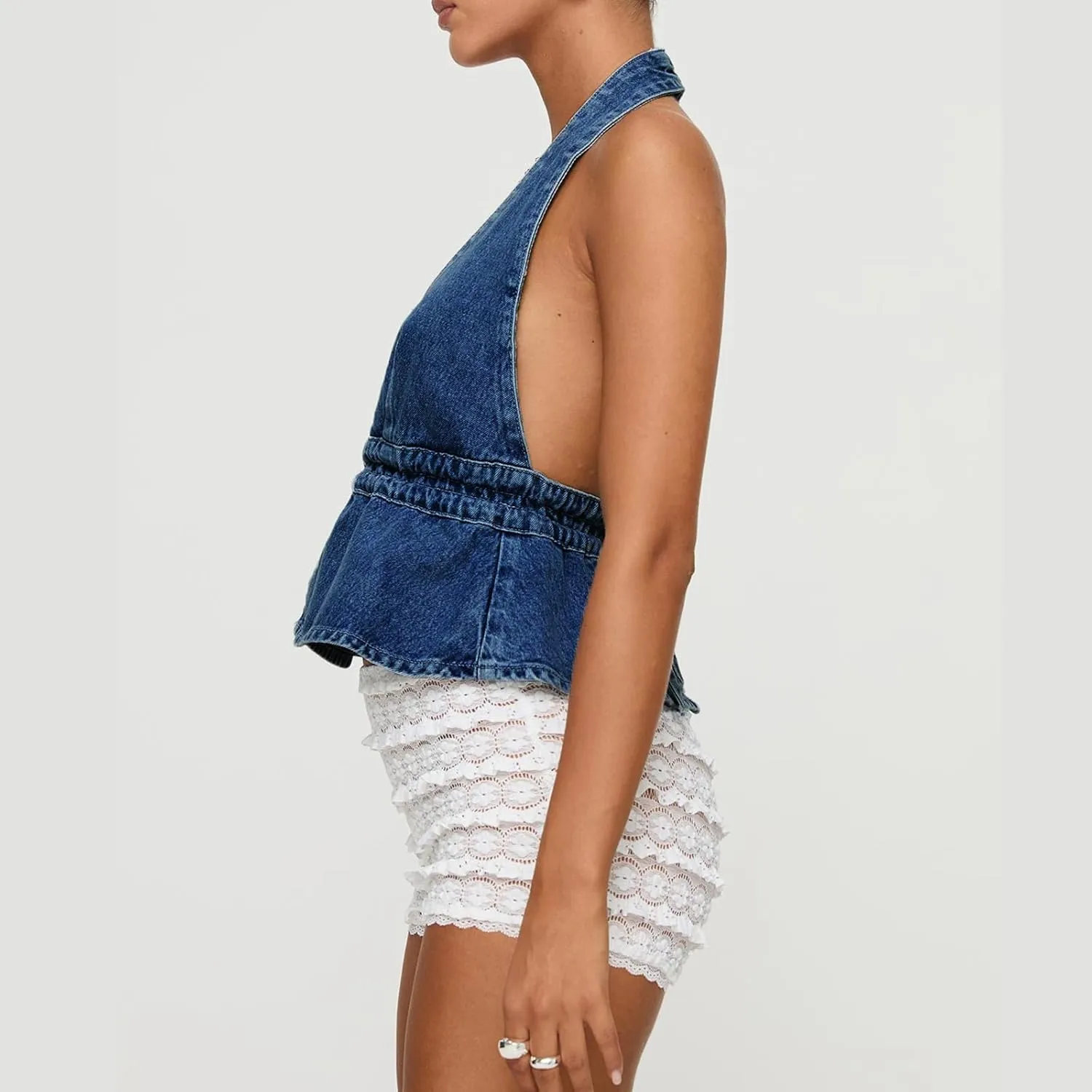 Women Y2k Denim Vest Sexy Deep V Neck Tie Up Front Sleeveless Halter Tank Top Low Cut Tight Fit Cropped Vest