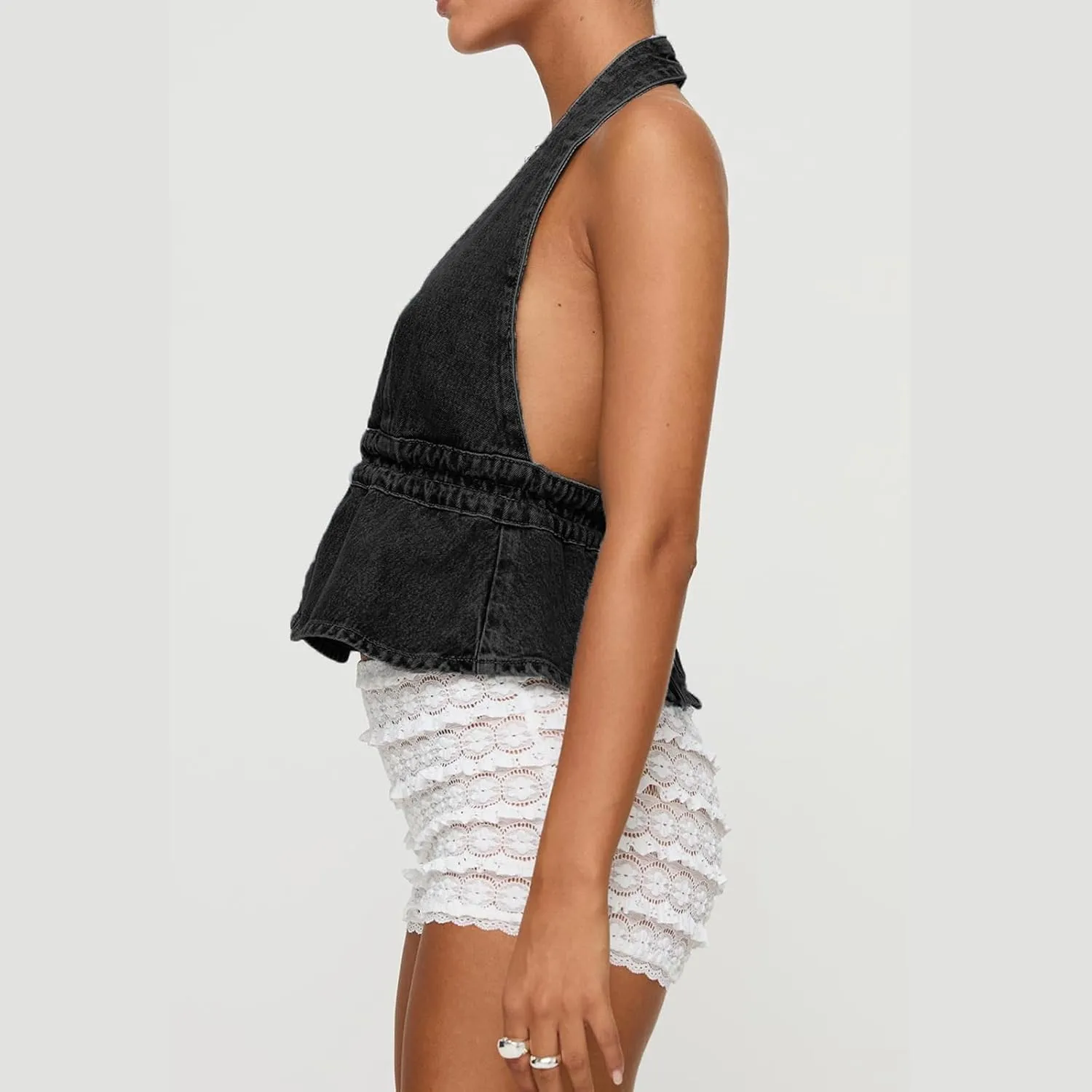 Women Y2k Denim Vest Sexy Deep V Neck Tie Up Front Sleeveless Halter Tank Top Low Cut Tight Fit Cropped Vest