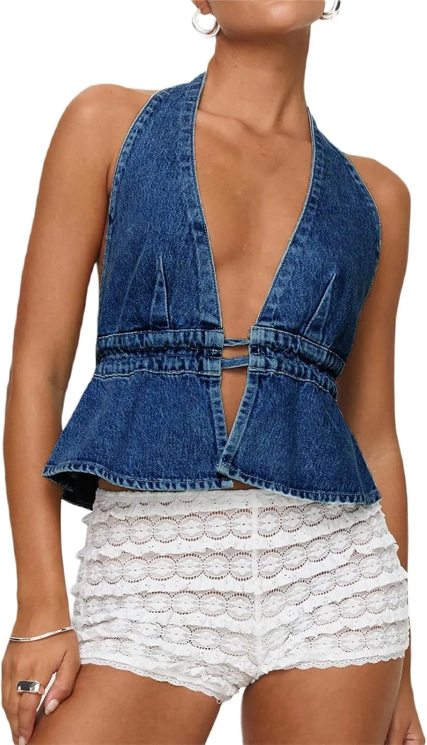 Women Y2k Denim Vest Sexy Deep V Neck Tie Up Front Sleeveless Halter Tank Top Low Cut Tight Fit Cropped Vest