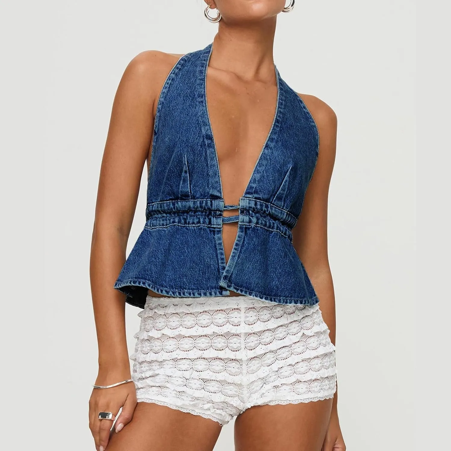 Women Y2k Denim Vest Sexy Deep V Neck Tie Up Front Sleeveless Halter Tank Top Low Cut Tight Fit Cropped Vest