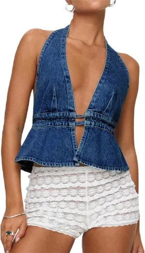 Women Y2k Denim Vest Sexy Deep V Neck Tie Up Front Sleeveless Halter Tank Top Low Cut Tight Fit Cropped Vest