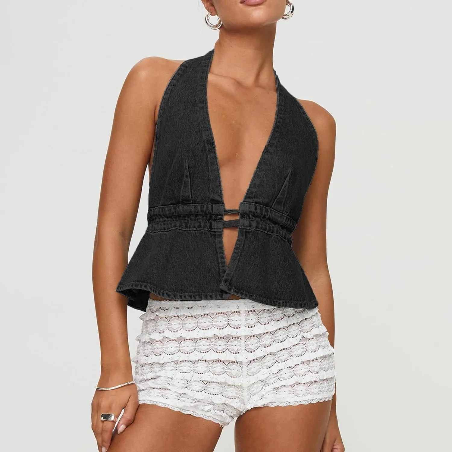 Women Y2k Denim Vest Sexy Deep V Neck Tie Up Front Sleeveless Halter Tank Top Low Cut Tight Fit Cropped Vest
