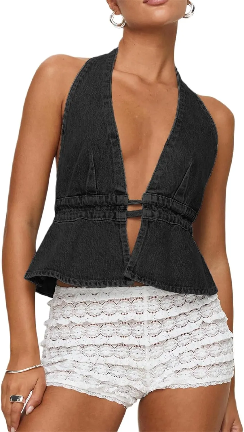 Women Y2k Denim Vest Sexy Deep V Neck Tie Up Front Sleeveless Halter Tank Top Low Cut Tight Fit Cropped Vest