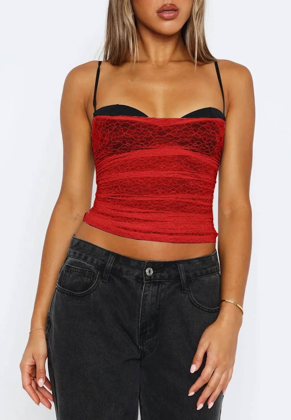 Women Y2k Lace Cami Top Sexy Corset Spaghetti Strap Tank Top Patchwork Camisole Going Out Streetwear
