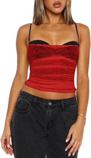 Women Y2k Lace Cami Top Sexy Corset Spaghetti Strap Tank Top Patchwork Camisole Going Out Streetwear