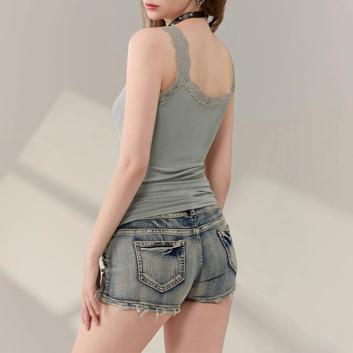 Women Y2K Lace Patchwork Tank Top Aesthetic Low Cut Sleeveless Backless Vest Vintage Camisole Crop Top Streetwear