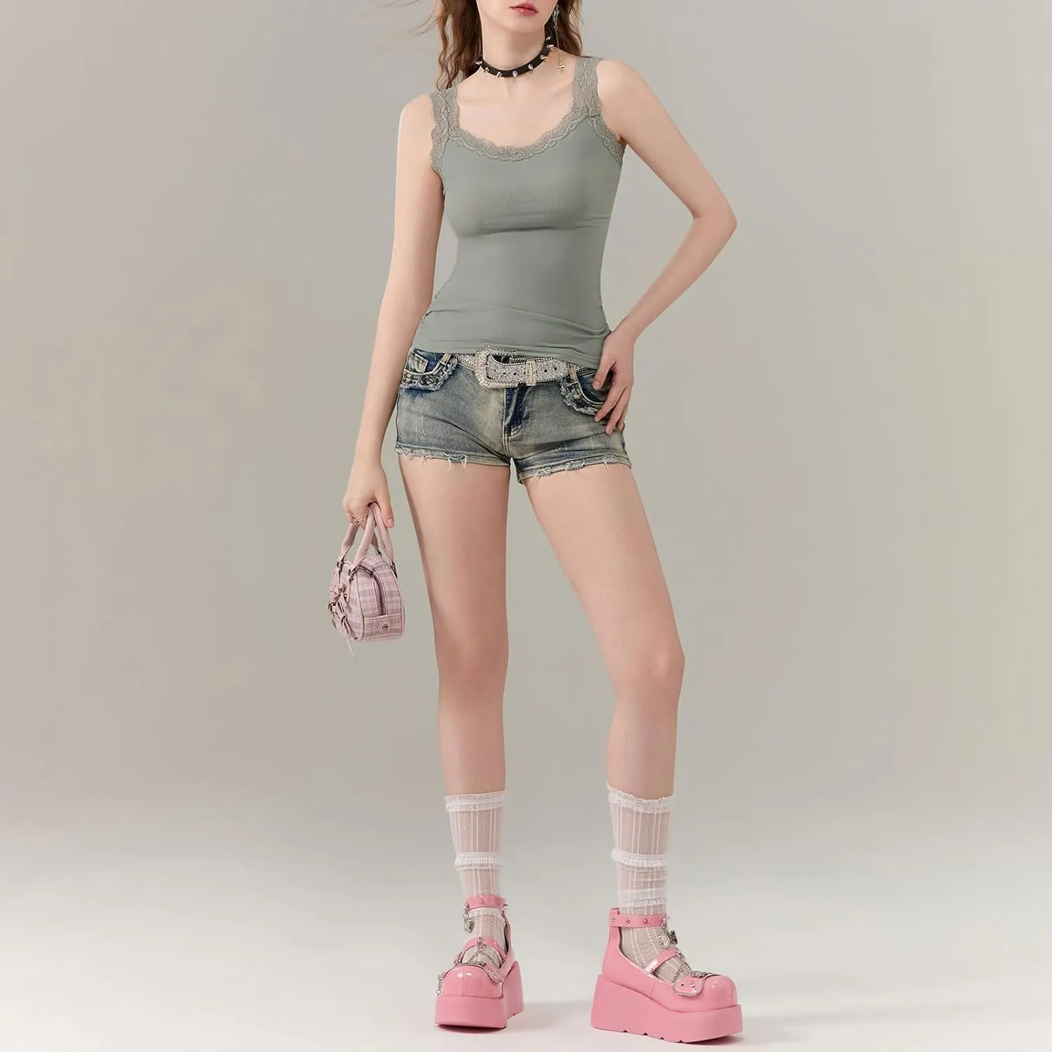 Women Y2K Lace Patchwork Tank Top Aesthetic Low Cut Sleeveless Backless Vest Vintage Camisole Crop Top Streetwear