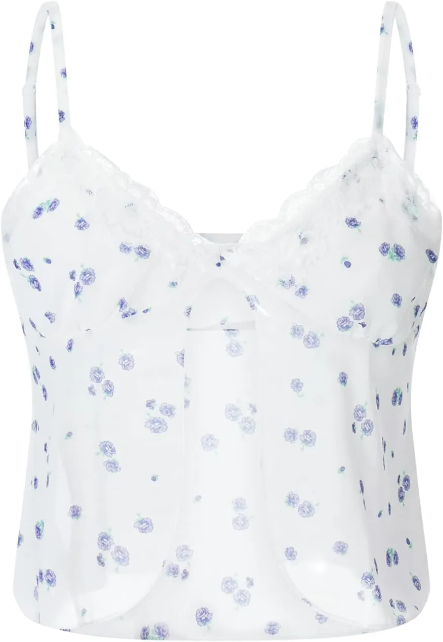 Women Y2K Lace Trim Crop Top V Neck Spaghetti Strap Camisole Top Sleeveless Summer Streetwear