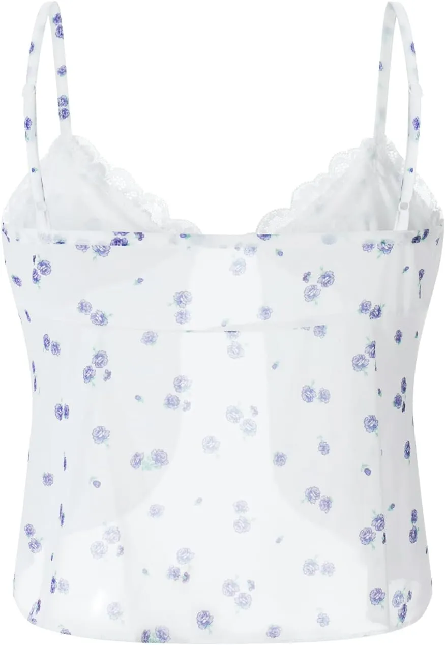 Women Y2K Lace Trim Crop Top V Neck Spaghetti Strap Camisole Top Sleeveless Summer Streetwear