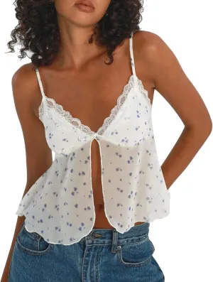 Women Y2K Lace Trim Crop Top V Neck Spaghetti Strap Camisole Top Sleeveless Summer Streetwear
