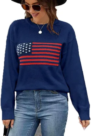 Women's American Flag Sweater Top Long Sleeved Round Neck Casual Knit Loose Pullover top