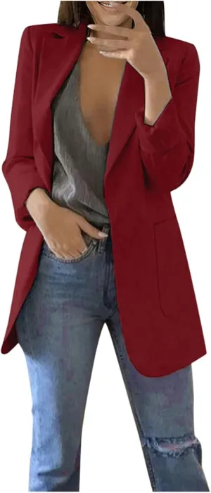Womens Casual Blazer Fall Windproof Coat Solid Business Suit Work Office Jacket with Pocket Cardigans Plus Size Outwear