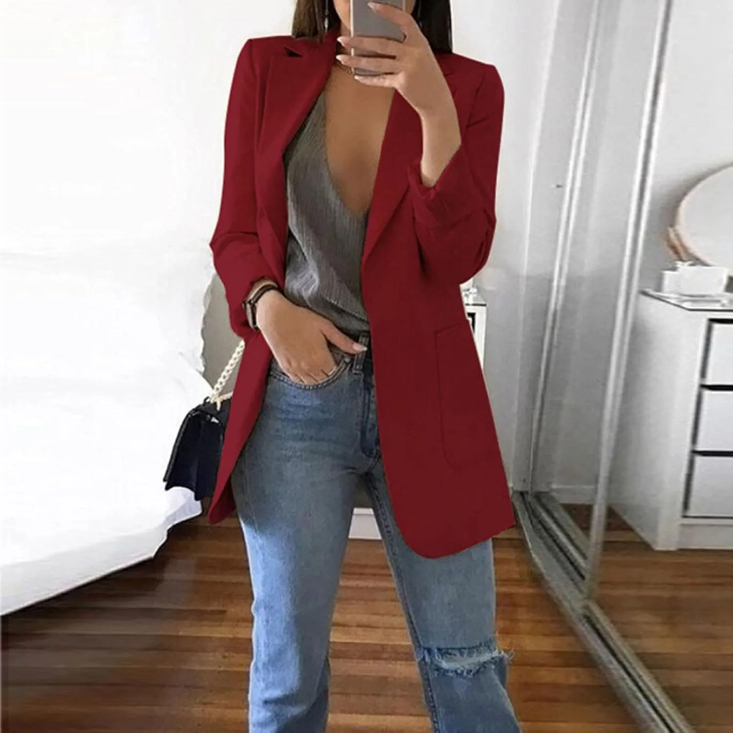 Womens Casual Blazer Fall Windproof Coat Solid Business Suit Work Office Jacket with Pocket Cardigans Plus Size Outwear