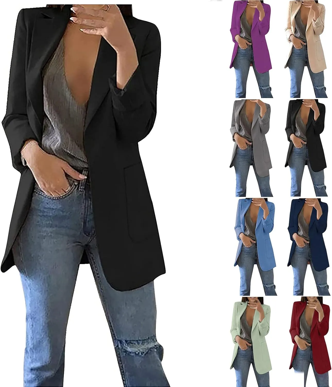 Womens Casual Blazer Fall Windproof Coat Solid Business Suit Work Office Jacket with Pocket Cardigans Plus Size Outwear