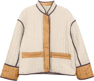 Womens Casual Quilted Jacket Winter Lightweight Color Block Padded Coat Y2k Long Sleeve Cropped Cotton Jackets