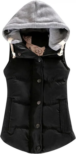 Women's Casual Quilted Padded Puffer Vest Plain Warm Vest with Removable Hooded