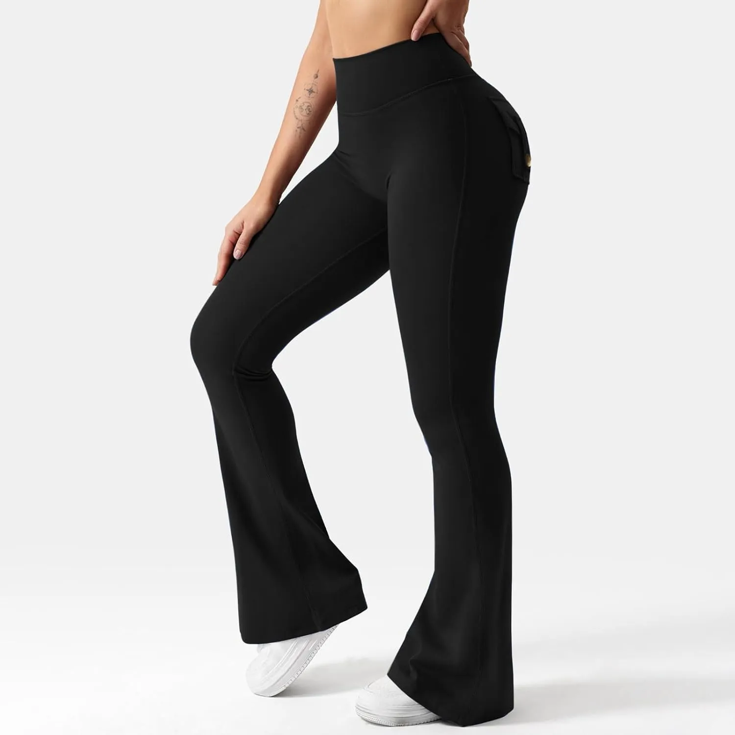 Womens Casual Yoga Pants Solid Elastic High Waist Lifting Leggings Outdoor Fitness Sports Tights with Flap Pockets