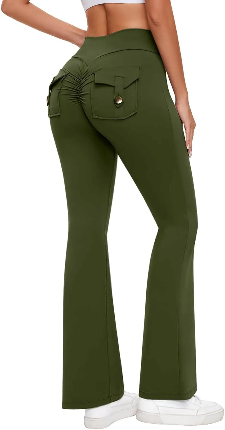Womens Casual Yoga Pants Solid Elastic High Waist Lifting Leggings Outdoor Fitness Sports Tights with Flap Pockets