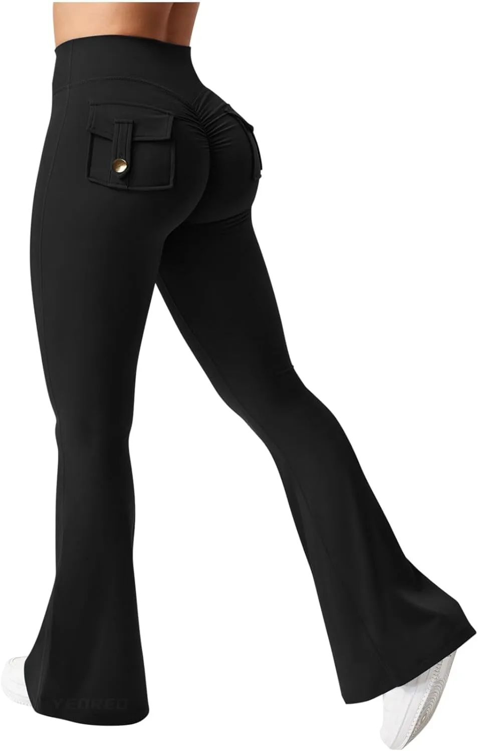 Womens Casual Yoga Pants Solid Elastic High Waist Lifting Leggings Outdoor Fitness Sports Tights with Flap Pockets