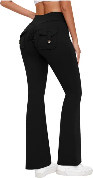 Womens Casual Yoga Pants Solid Elastic High Waist Lifting Leggings Outdoor Fitness Sports Tights with Flap Pockets