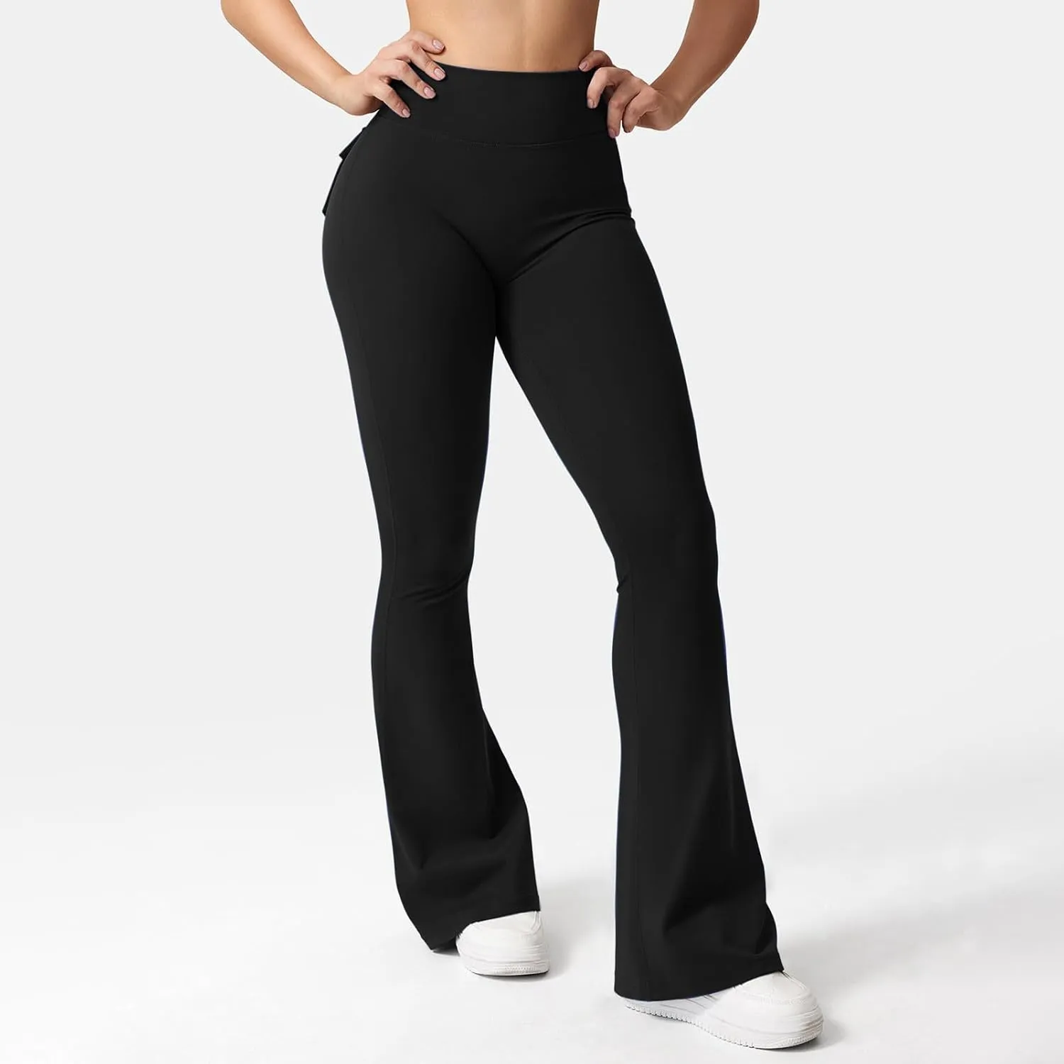 Womens Casual Yoga Pants Solid Elastic High Waist Lifting Leggings Outdoor Fitness Sports Tights with Flap Pockets