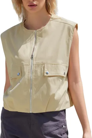 Womens Casual Zip Up Vest Sleeveless Jacket with Pockets Cargo Oversized Vest Ruched Hem Lightweight Blazer