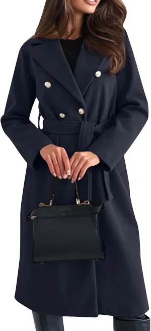 Womens Classic Coat Winter Slim Fit Pea Coat Lapel Collar Open Front Belted Long Jacket Warm Oversized Trench Coats