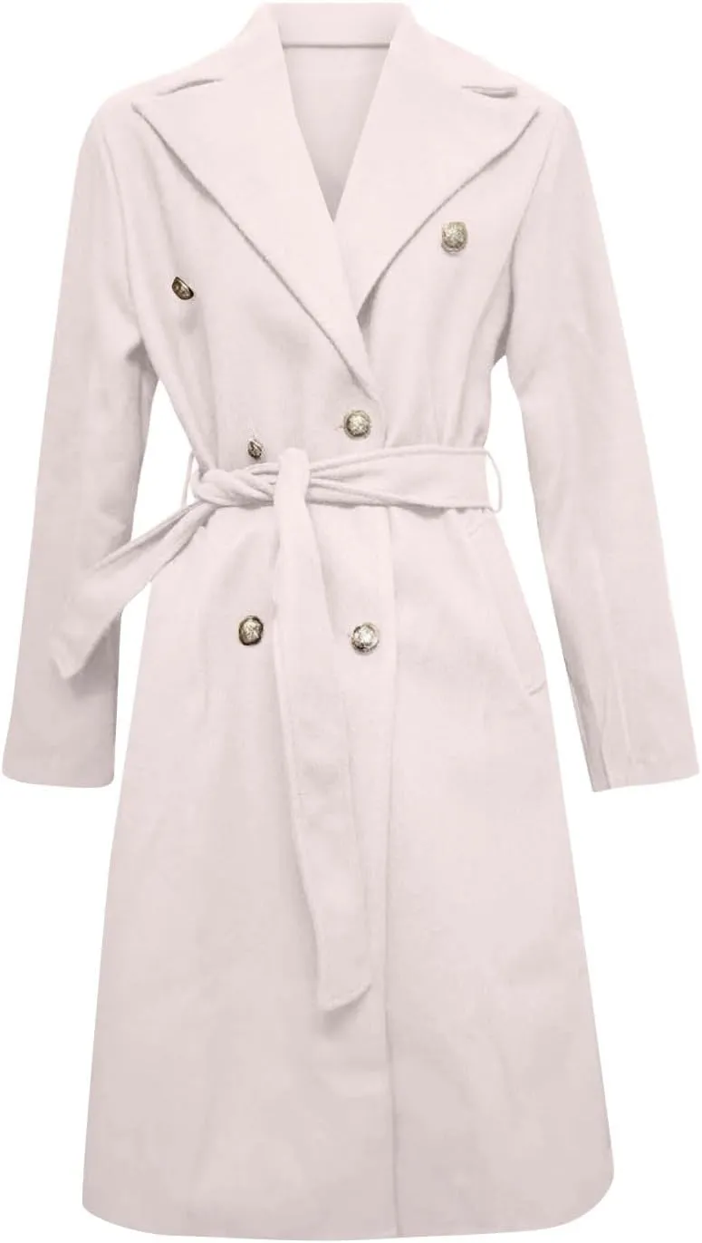 Womens Classic Coat Winter Slim Fit Pea Coat Lapel Collar Open Front Belted Long Jacket Warm Oversized Trench Coats