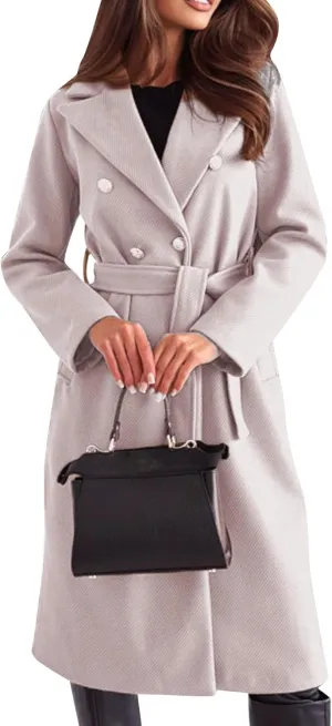 Womens Classic Coat Winter Slim Fit Pea Coat Lapel Collar Open Front Belted Long Jacket Warm Oversized Trench Coats