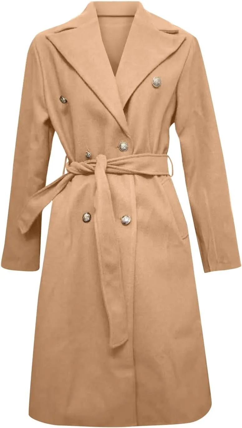 Womens Classic Coat Winter Slim Fit Pea Coat Lapel Collar Open Front Belted Long Jacket Warm Oversized Trench Coats