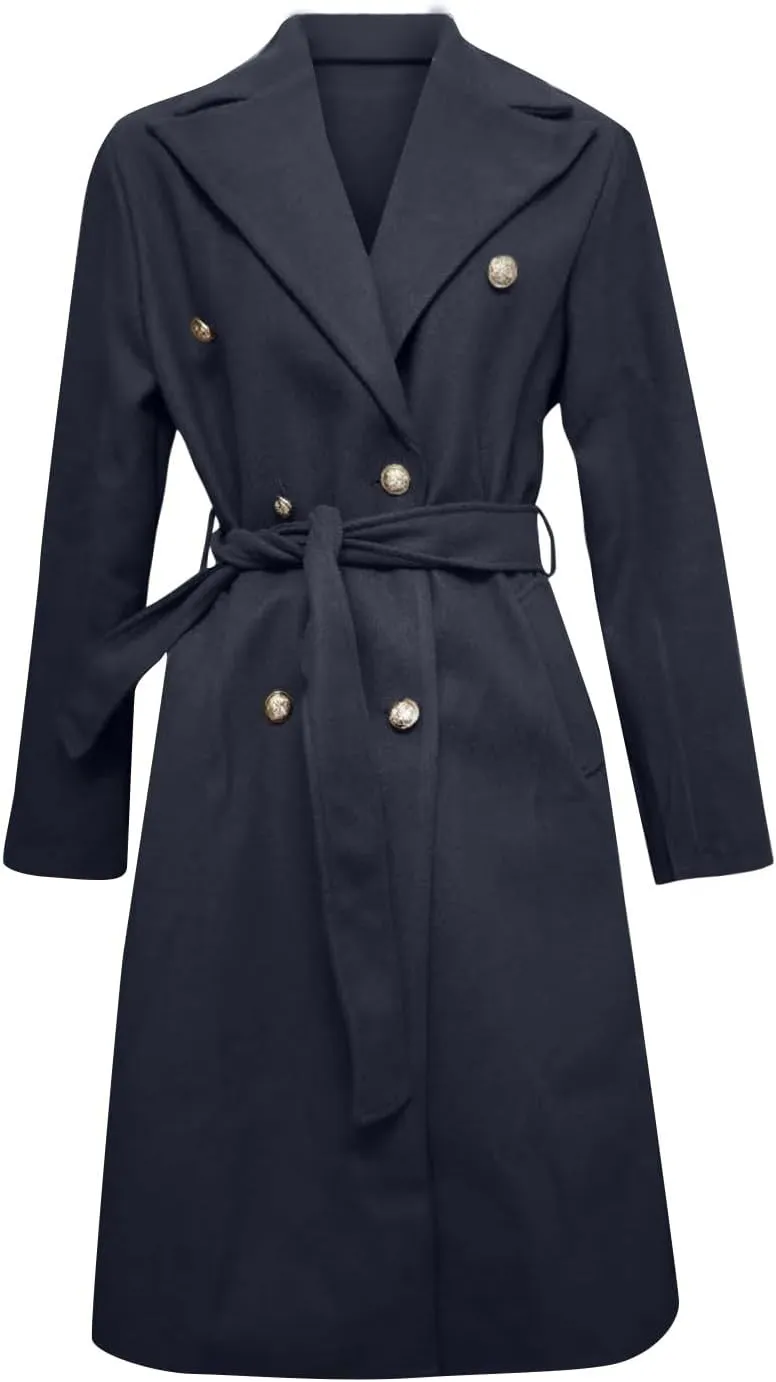 Womens Classic Coat Winter Slim Fit Pea Coat Lapel Collar Open Front Belted Long Jacket Warm Oversized Trench Coats