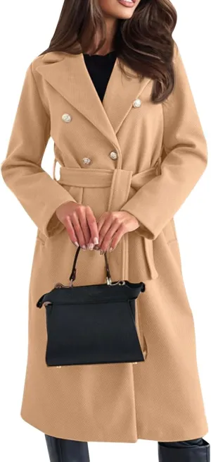 Womens Classic Coat Winter Slim Fit Pea Coat Lapel Collar Open Front Belted Long Jacket Warm Oversized Trench Coats