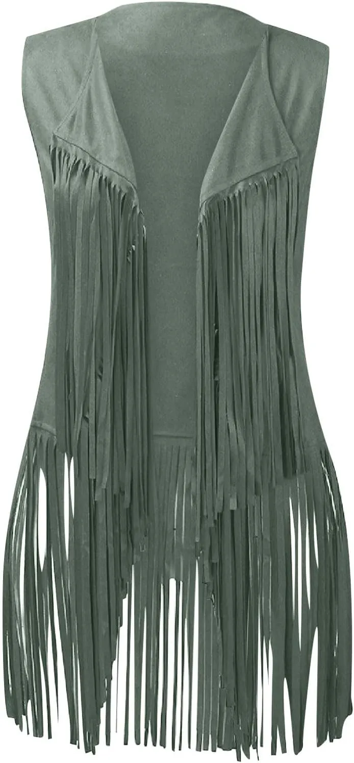 Womens Concert Outfits Fringe Vest Faux Suede Tassels Open Front Sleeveless Jacket 70s Cowgirls Western Hippie Clothes