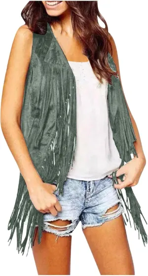 Womens Concert Outfits Fringe Vest Faux Suede Tassels Open Front Sleeveless Jacket 70s Cowgirls Western Hippie Clothes
