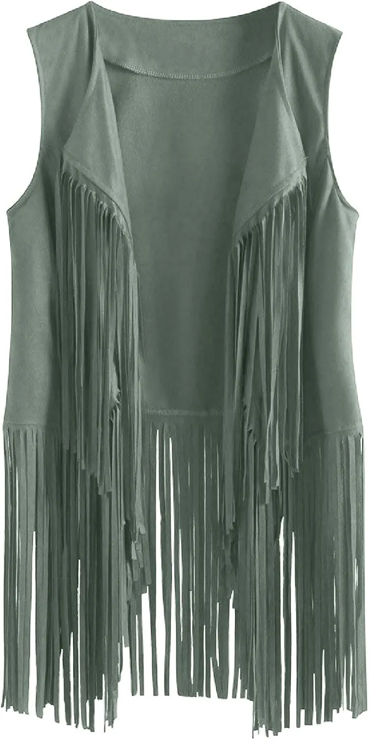 Womens Concert Outfits Fringe Vest Faux Suede Tassels Open Front Sleeveless Jacket 70s Cowgirls Western Hippie Clothes