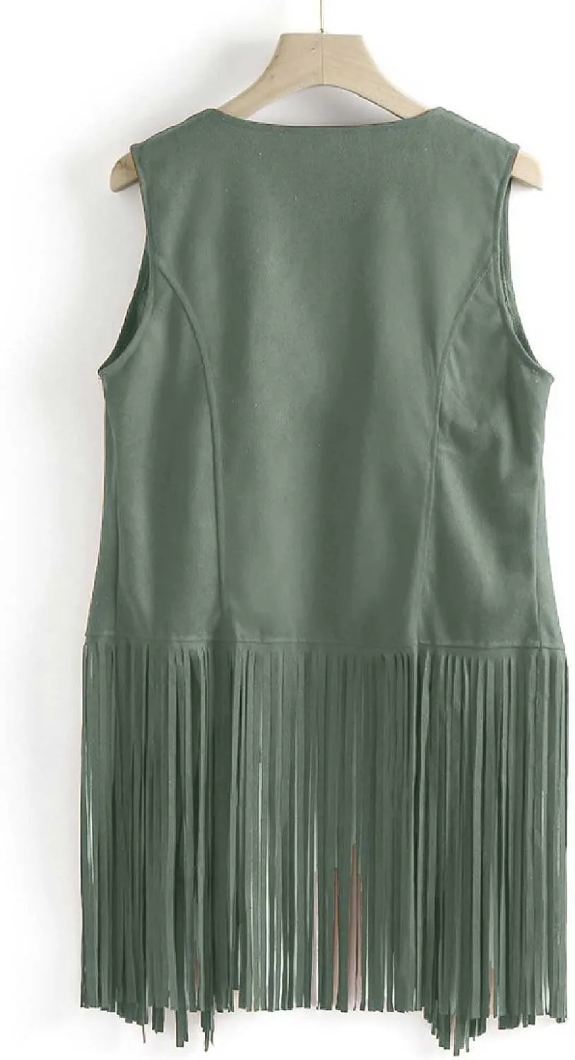 Womens Concert Outfits Fringe Vest Faux Suede Tassels Open Front Sleeveless Jacket 70s Cowgirls Western Hippie Clothes