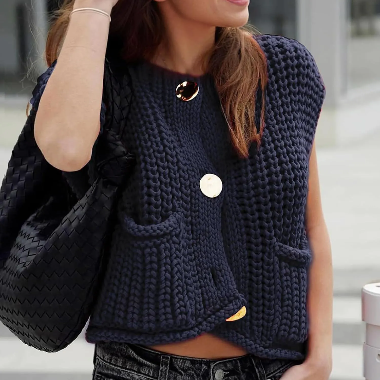 Womens Crochet Knit Top Sleeveless Button Down Crop Top Open Front Sweater Cardigan Vest with Pockets
