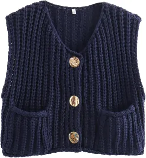 Womens Crochet Knit Top Sleeveless Button Down Crop Top Open Front Sweater Cardigan Vest with Pockets