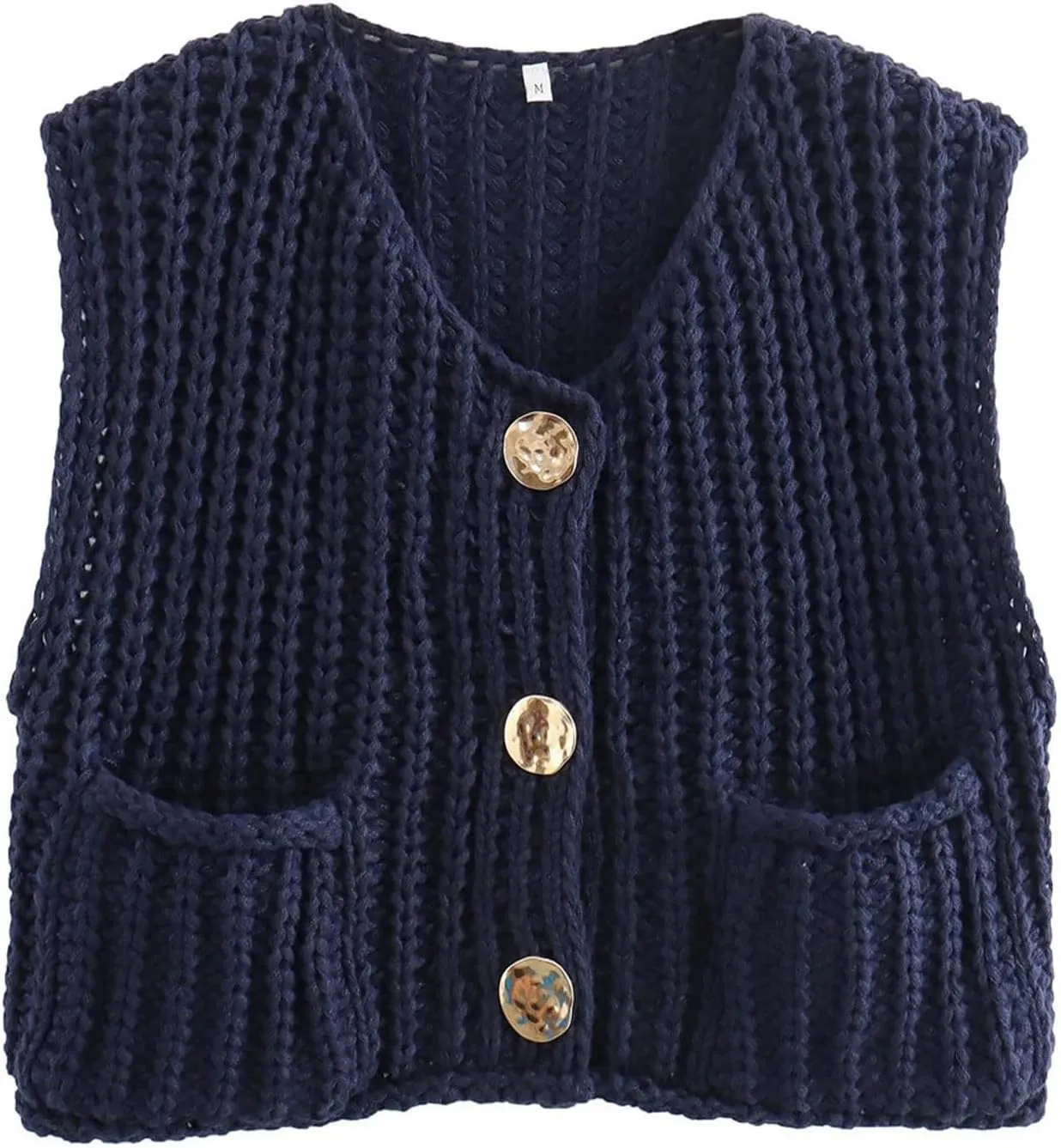 Womens Crochet Knit Top Sleeveless Button Down Crop Top Open Front Sweater Cardigan Vest with Pockets